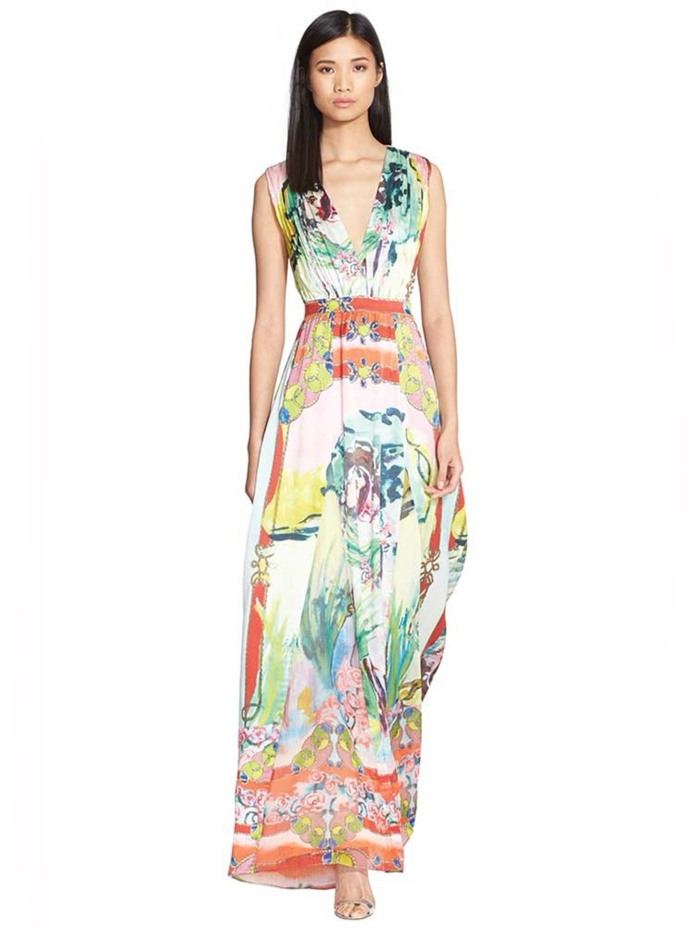 Alice + Olivia x Lola Schnabel Lola Lady Silk Maxi Dress Multi Watercolor Size 4